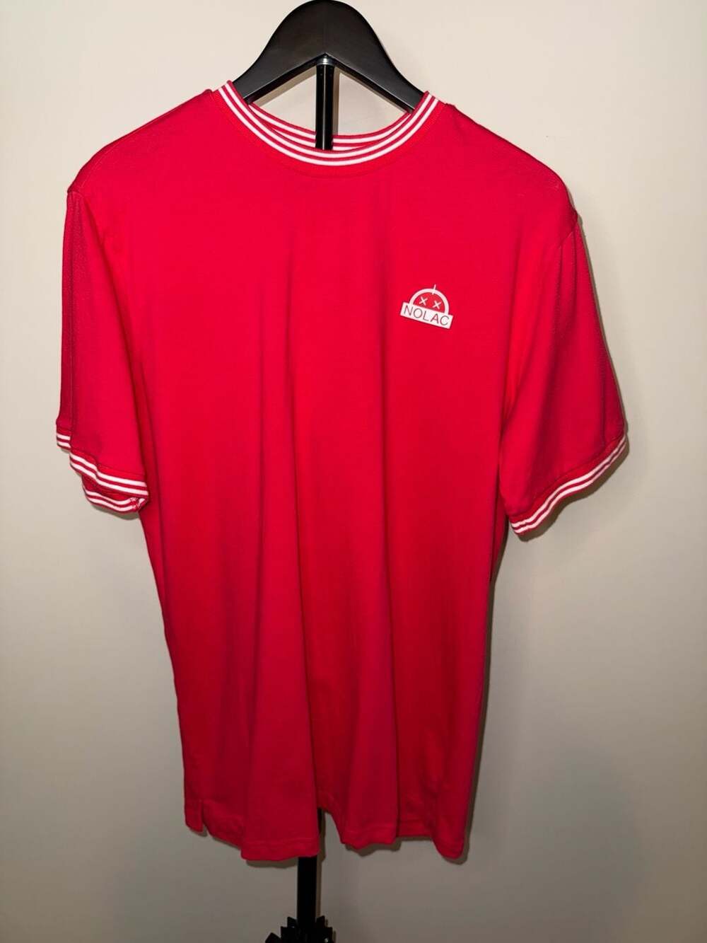 Nolac 100% Cotton T-Shirt Size XL Red Striped Trim Short Sleeve